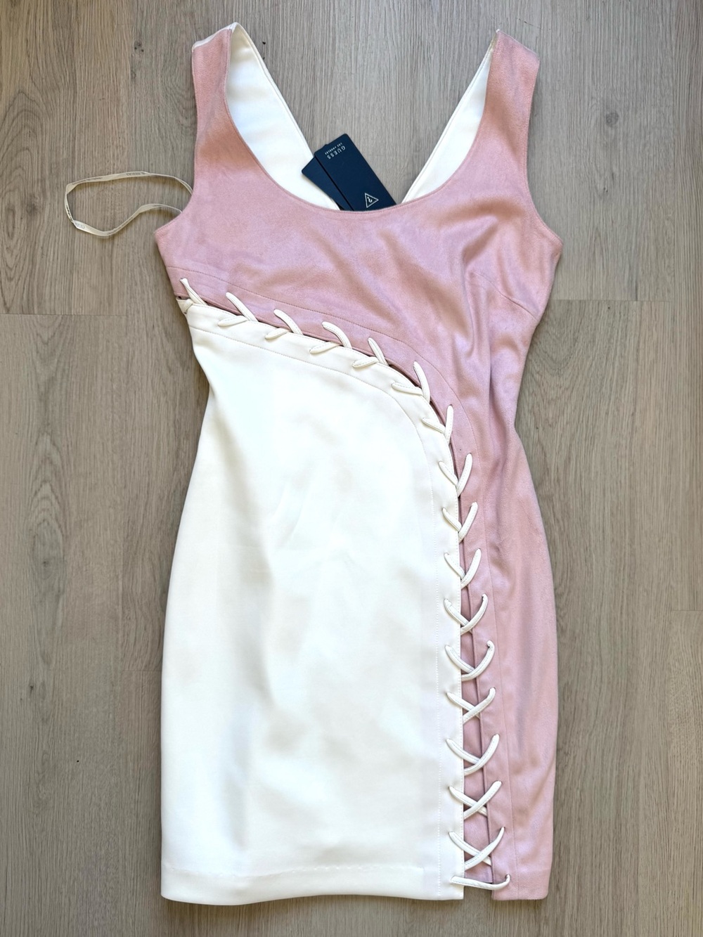 NWT GUESS  Two-Tone Pink and Cream Suede Lace-Detail Bodycon Dress  Size Small